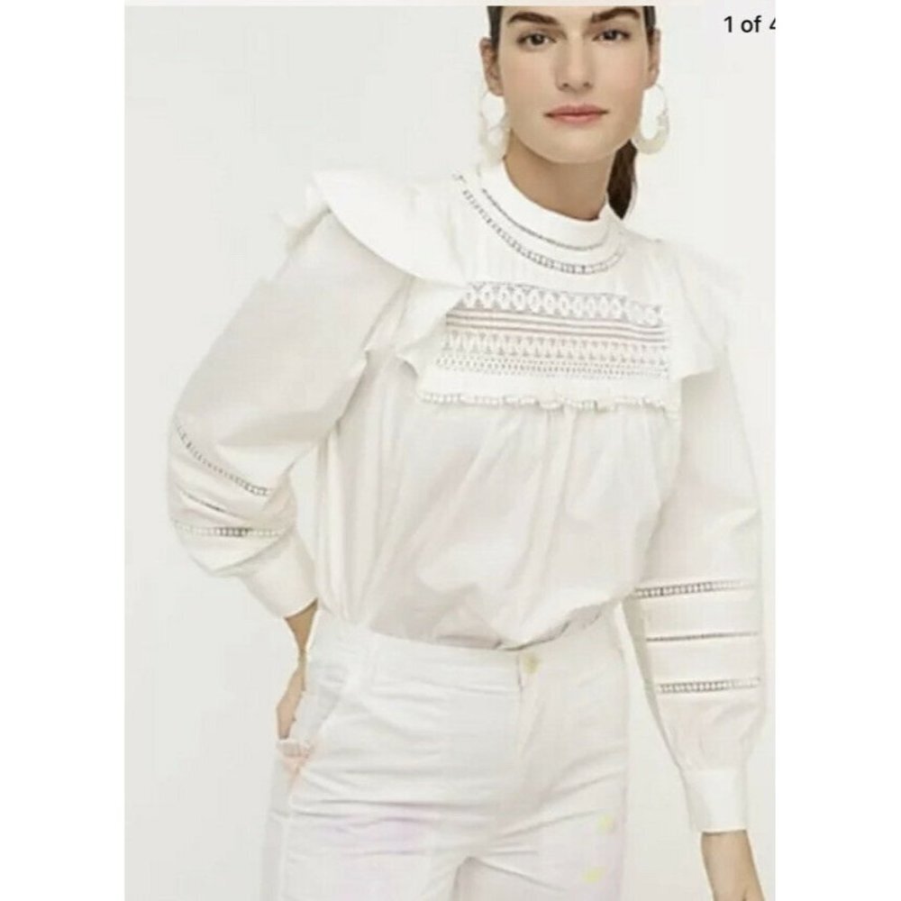 J Crew Women's Blouse White Long Sleeve Ruffle Lace 100% Cotton Top SZ L